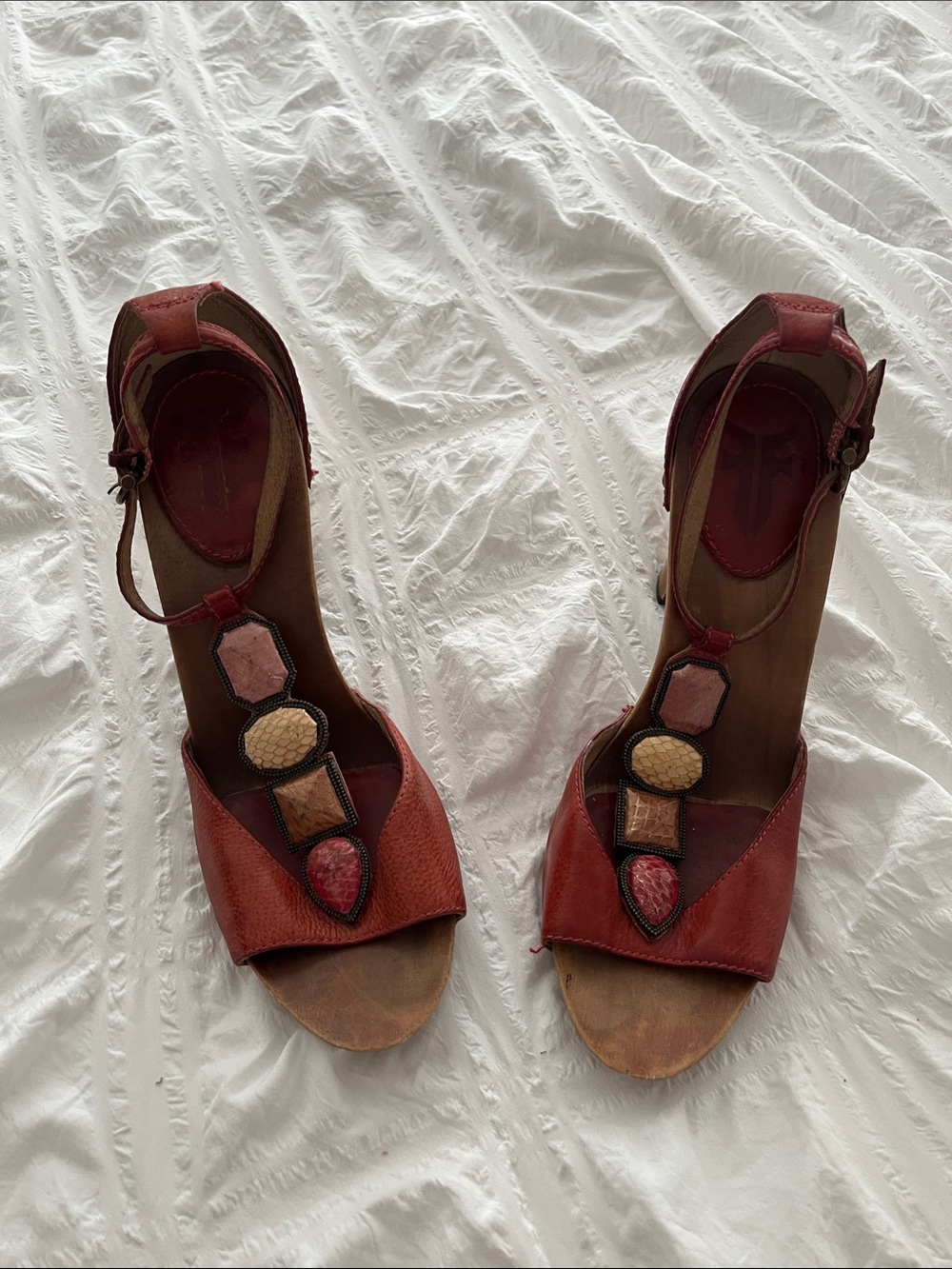 Red T-Strap Gem Accent Women's Heels
